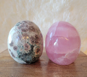 Rose Quartz & Russian Flower Agate Skulls, Crystal Carvings, Beautiful!