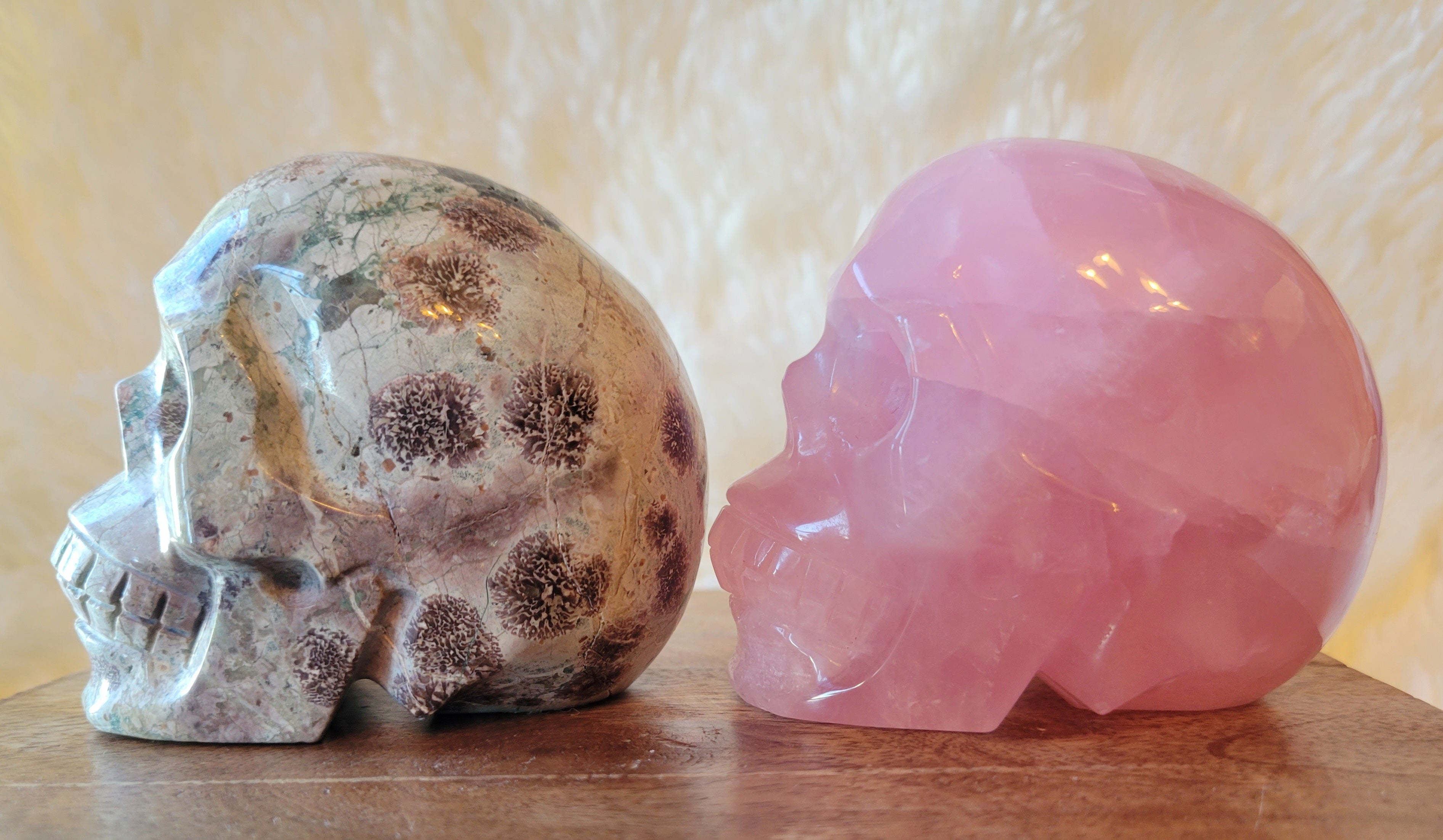 Rose Quartz & Russian Flower Agate Skulls, Crystal Carvings, Beautiful!