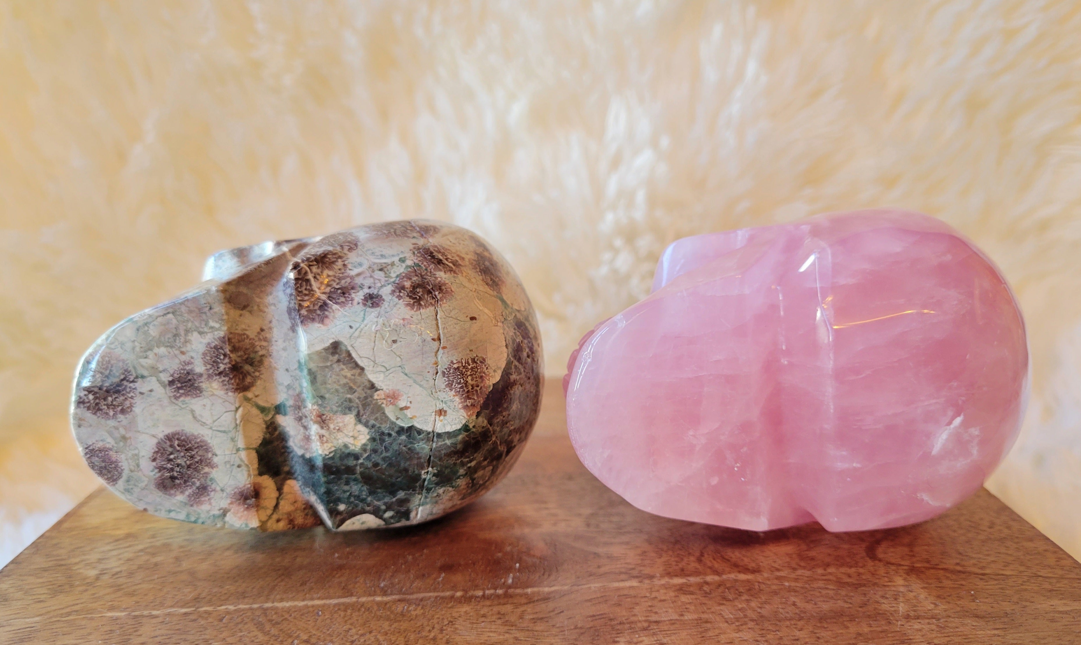 Rose Quartz & Russian Flower Agate Skulls, Crystal Carvings, Beautiful!