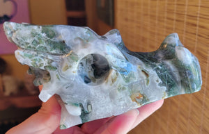 Moss Agate Large Dragon Head, Fire Dragon, Flying Dragon, Crystal Carving, Dragon With Quartz & Druzy, Stunning!