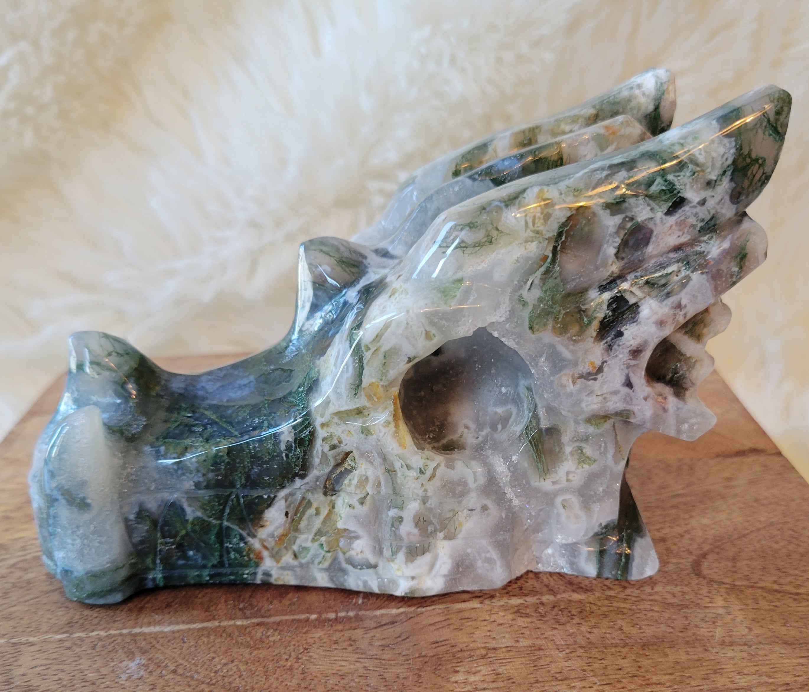 Moss Agate Large Dragon Head, Fire Dragon, Flying Dragon, Crystal Carving, Dragon With Quartz & Druzy, Stunning!