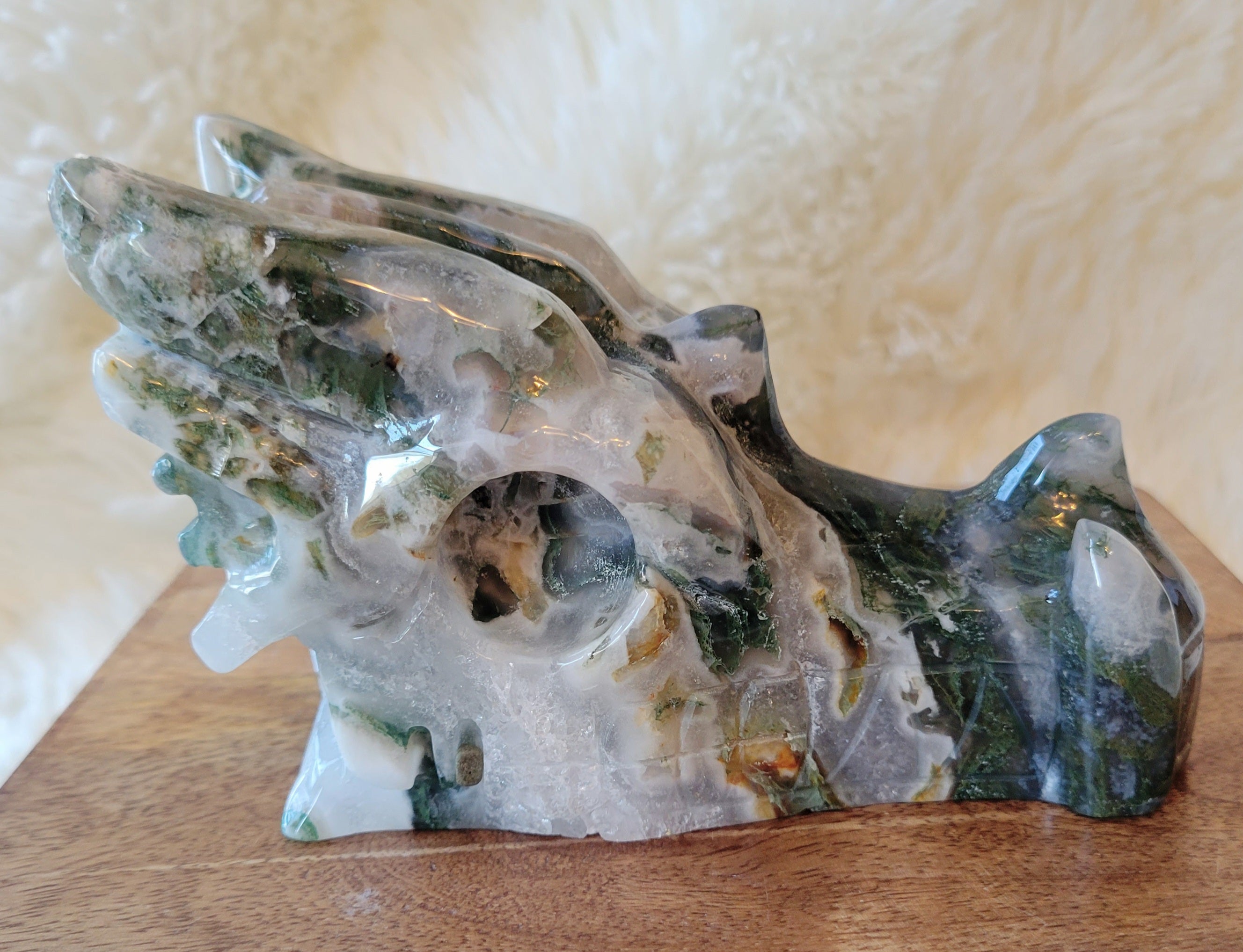 Moss Agate Large Dragon Head, Fire Dragon, Flying Dragon, Crystal Carving, Dragon With Quartz & Druzy, Stunning!