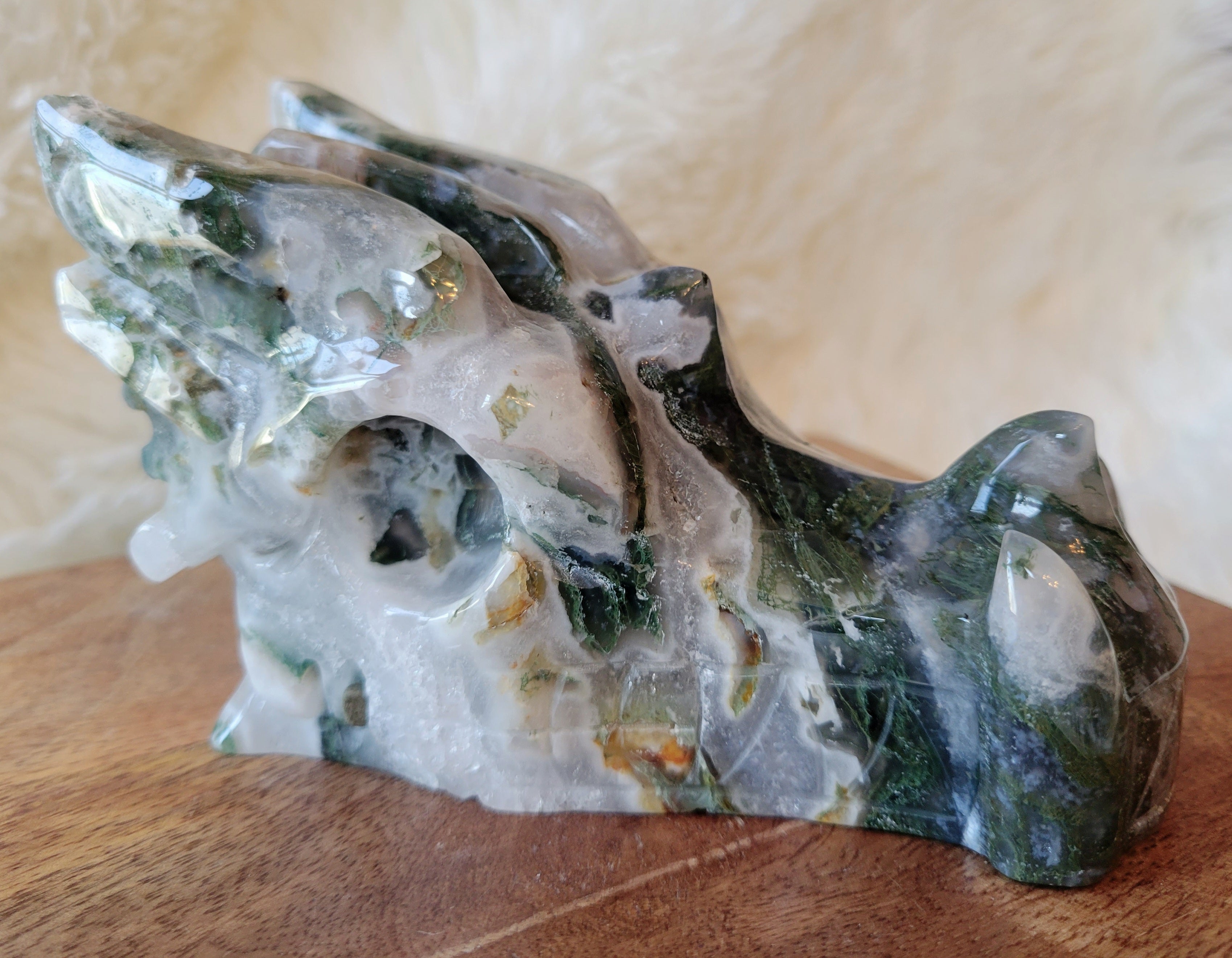 Moss Agate Large Dragon Head, Fire Dragon, Flying Dragon, Crystal Carving, Dragon With Quartz & Druzy, Stunning!