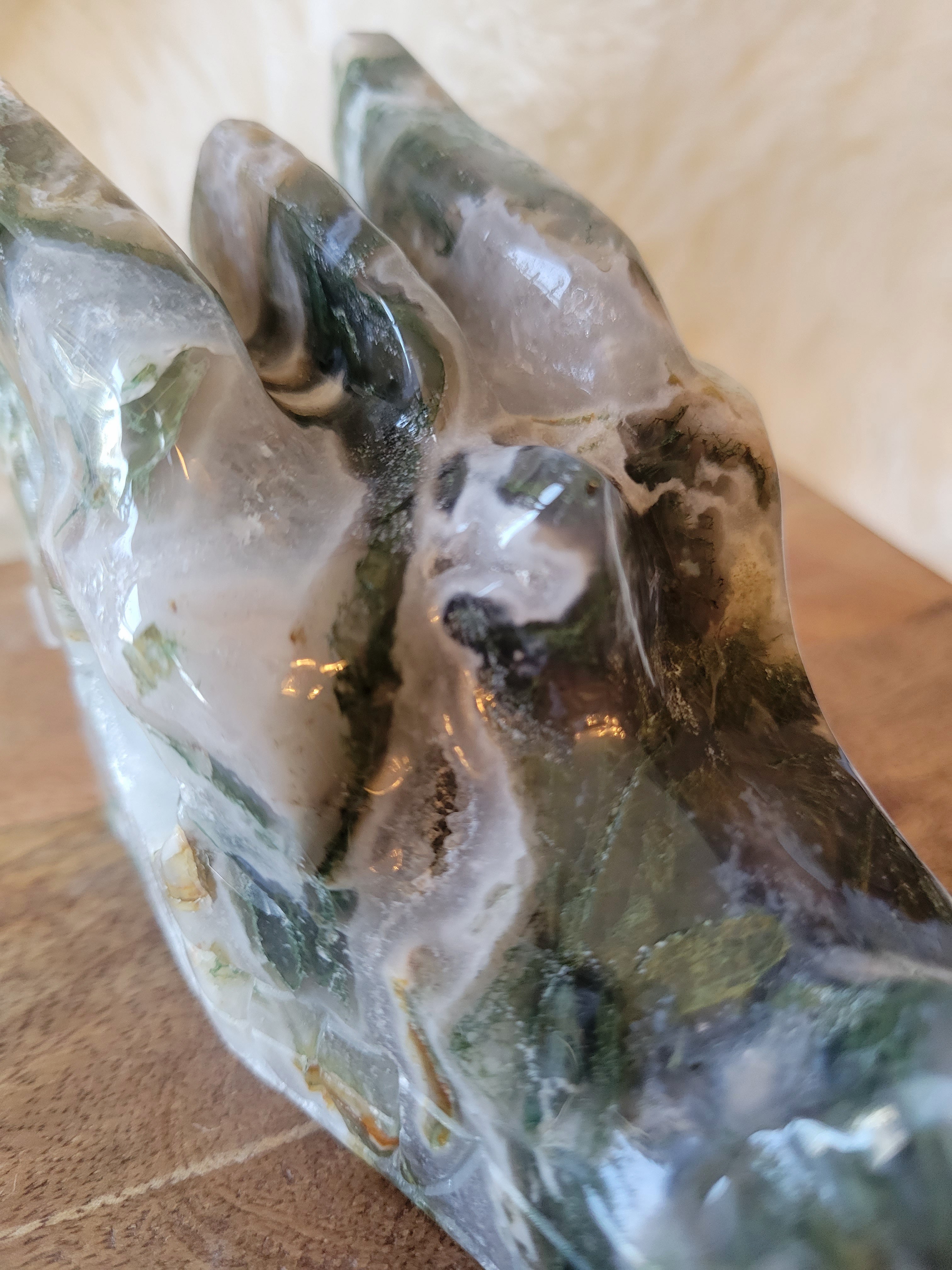 Moss Agate Large Dragon Head, Fire Dragon, Flying Dragon, Crystal Carving, Dragon With Quartz & Druzy, Stunning!