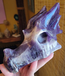 Dream Amethyst Large Dragon Head, Fire Dragon, Flying Dragon, Crystal Carving, With Beautiful Chevron Banding, Stunning!