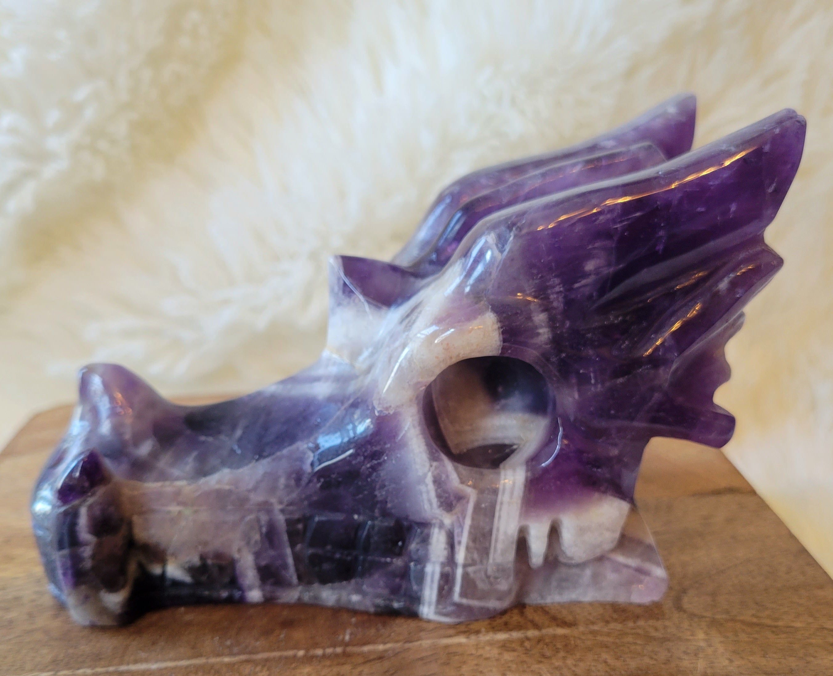 Dream Amethyst Large Dragon Head, Fire Dragon, Flying Dragon, Crystal Carving, With Beautiful Chevron Banding, Stunning!