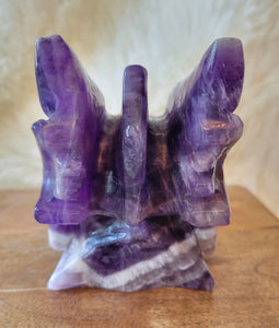 Dream Amethyst Large Dragon Head, Fire Dragon, Flying Dragon, Crystal Carving, With Beautiful Chevron Banding, Stunning!