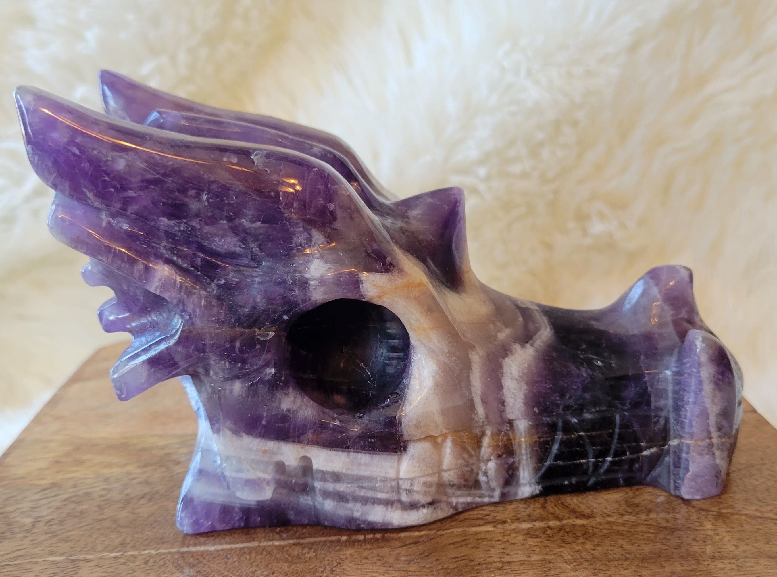 Dream Amethyst Large Dragon Head, Fire Dragon, Flying Dragon, Crystal Carving, With Beautiful Chevron Banding, Stunning!