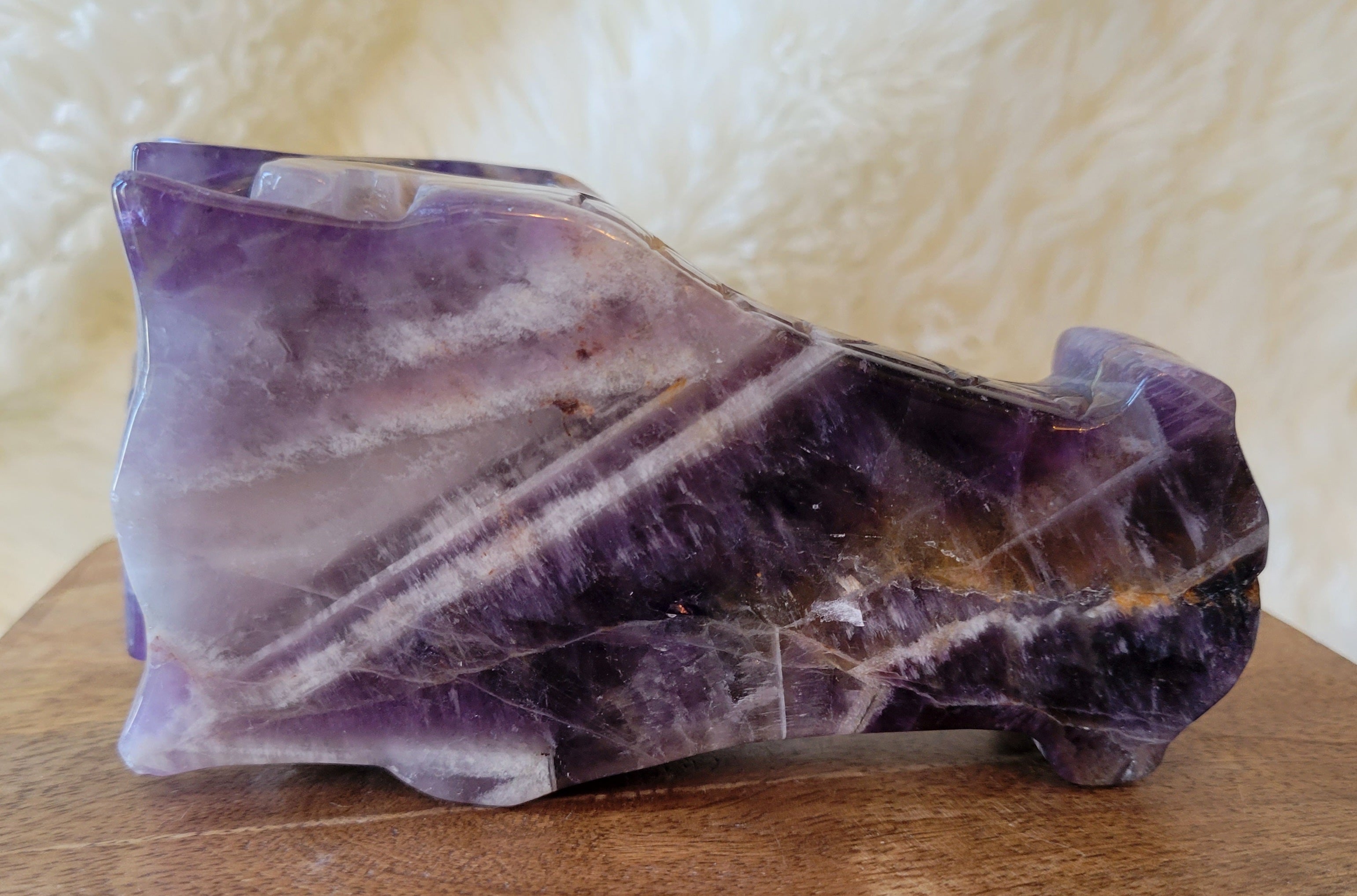 Dream Amethyst Large Dragon Head, Fire Dragon, Flying Dragon, Crystal Carving, With Beautiful Chevron Banding, Stunning!