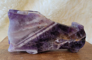 Dream Amethyst Large Dragon Head, Fire Dragon, Flying Dragon, Crystal Carving, With Beautiful Chevron Banding, Stunning!