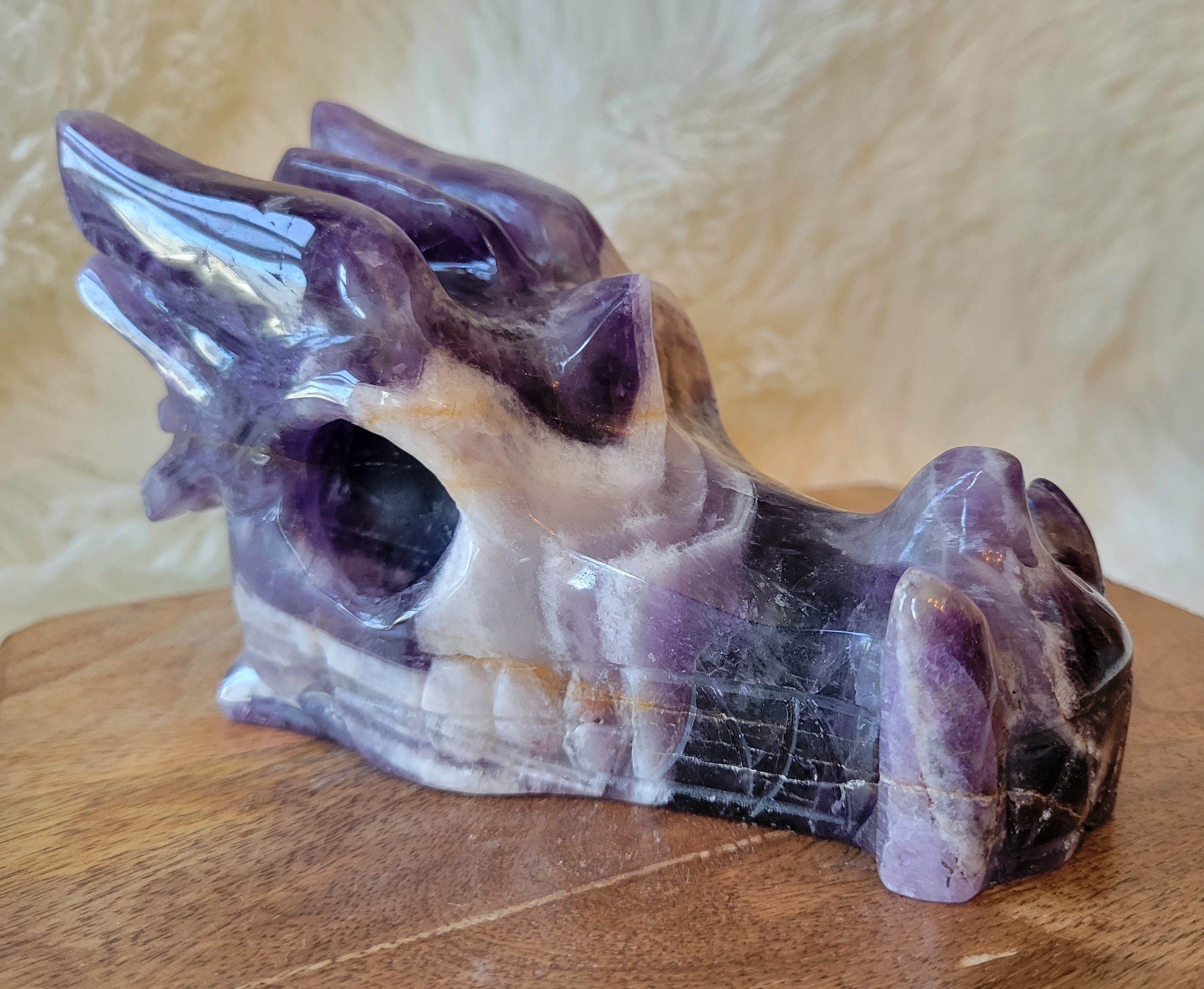 Dream Amethyst Large Dragon Head, Fire Dragon, Flying Dragon, Crystal Carving, With Beautiful Chevron Banding, Stunning!