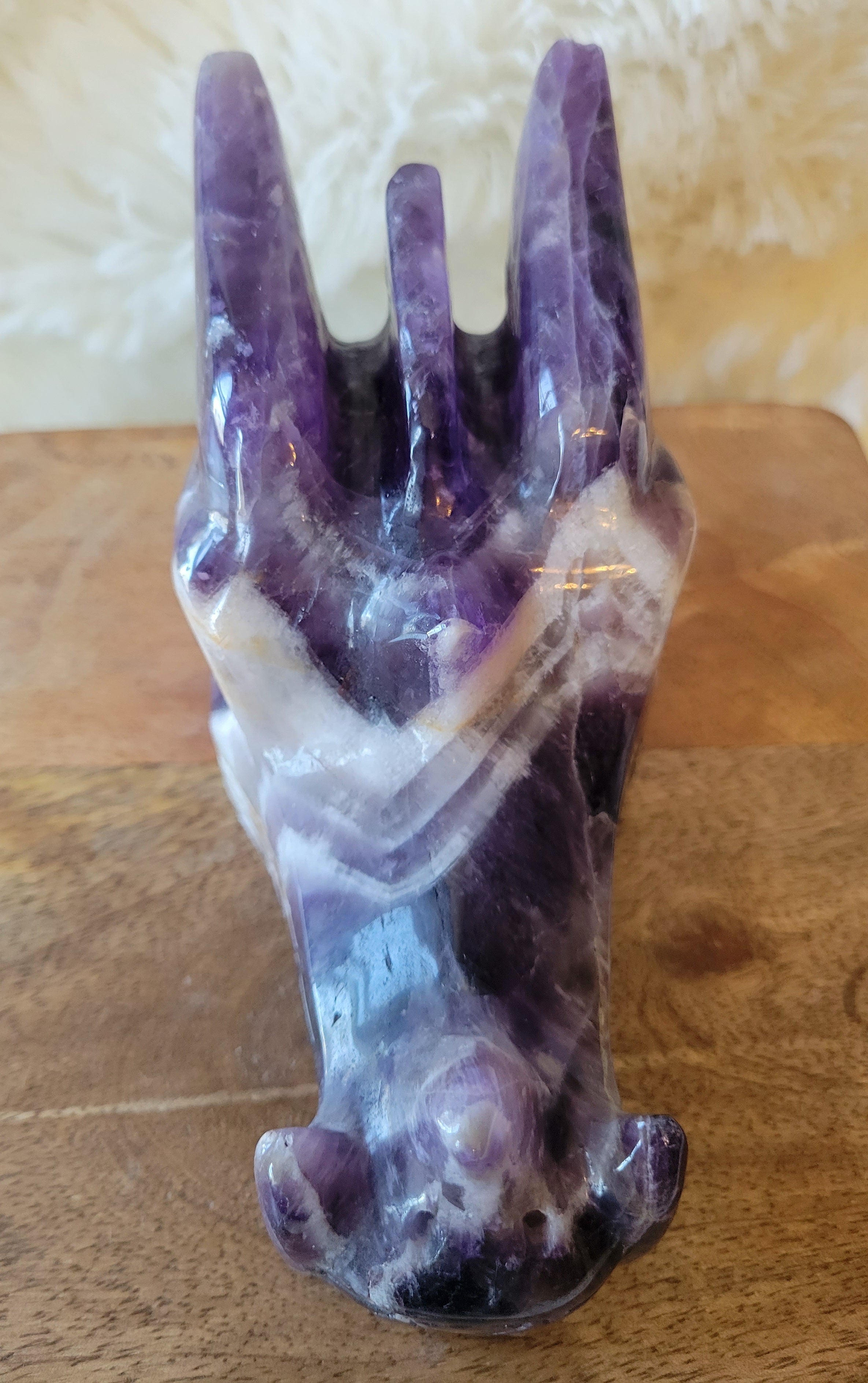 Dream Amethyst Large Dragon Head, Fire Dragon, Flying Dragon, Crystal Carving, With Beautiful Chevron Banding, Stunning!