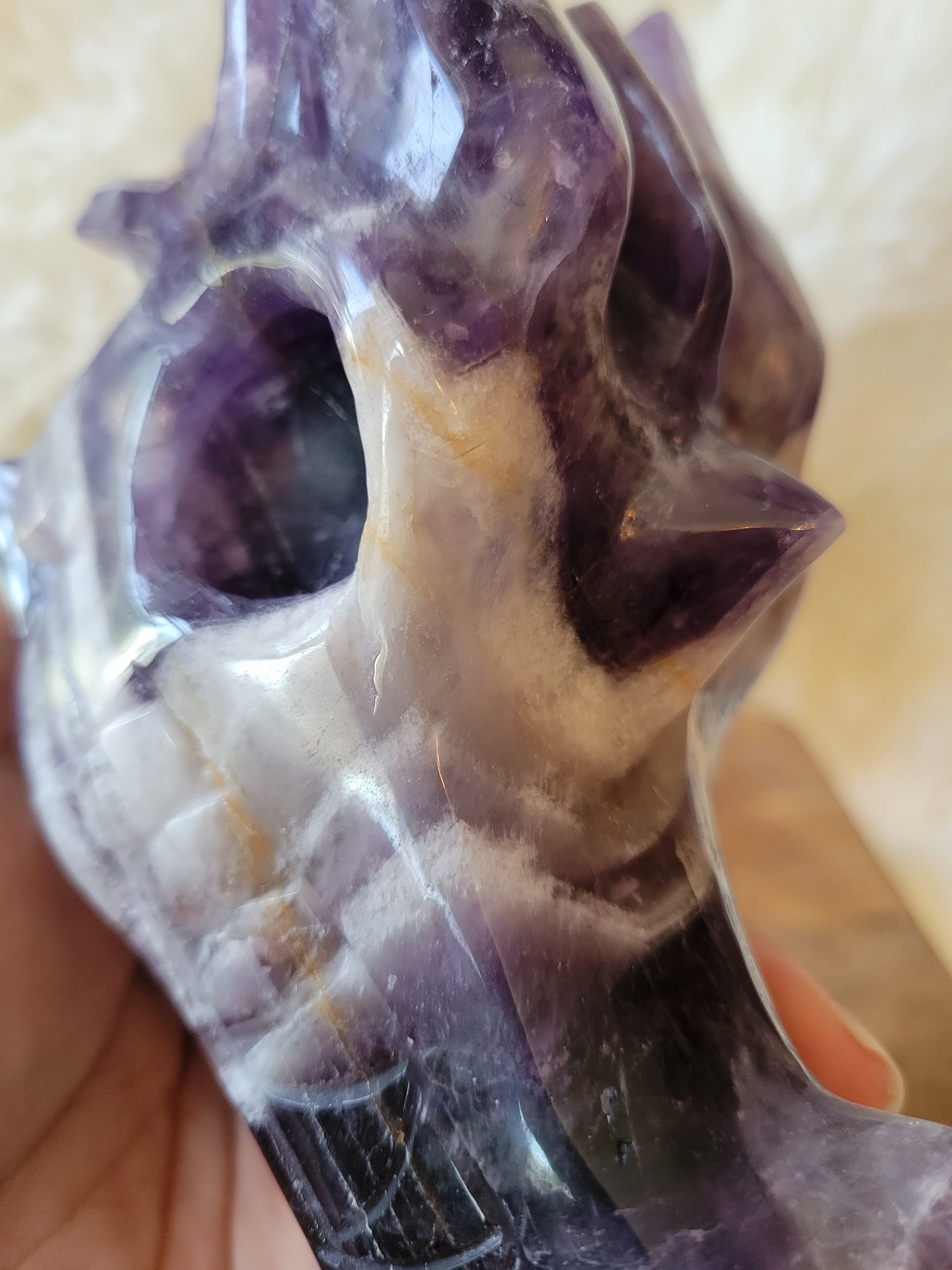 Dream Amethyst Large Dragon Head, Fire Dragon, Flying Dragon, Crystal Carving, With Beautiful Chevron Banding, Stunning!