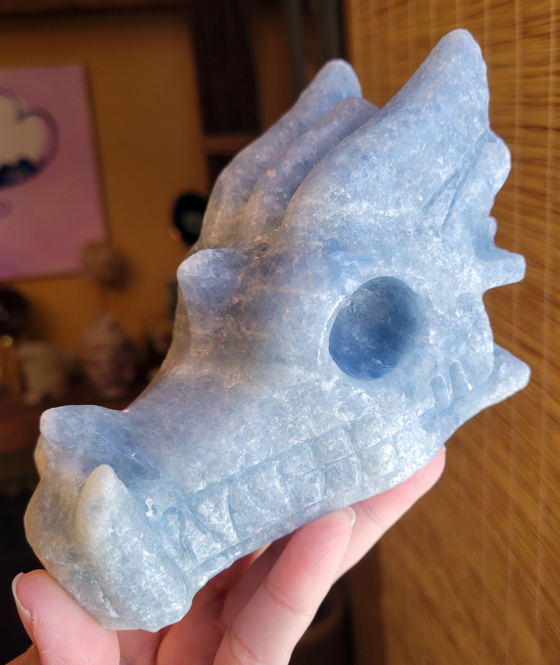 Celestite Large Dragon Head, Fire Dragon, Flying Dragon, Crystal Carving, Stunning!