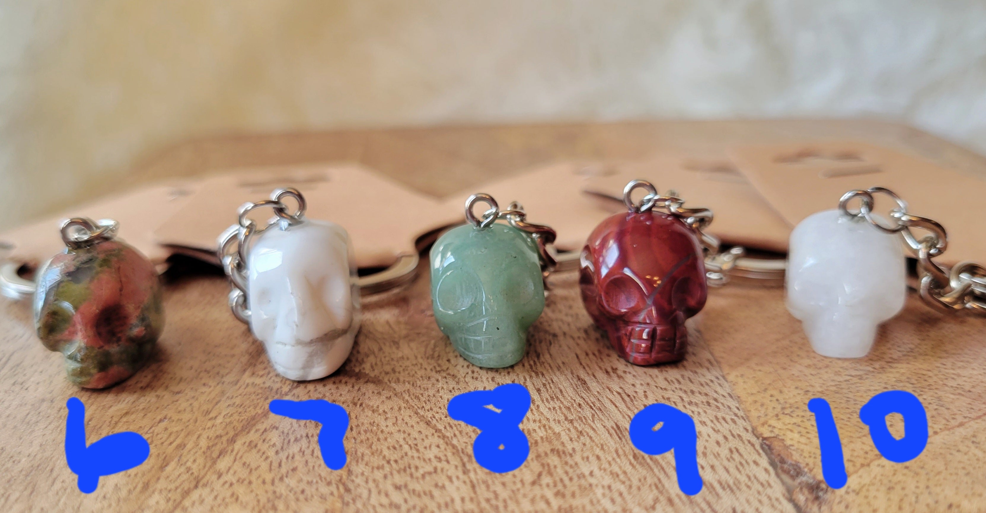 Keychains, Stone Keychains, Crystal Keychains, Crystal Carvings, Skulls, Elephants, Hamsa, Hearts, Etc.