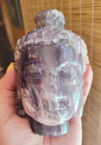 Purple Fluorite Buddha Head Crystal Carving, with Rainbows!