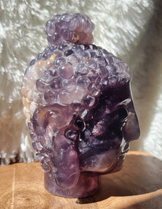 Purple Fluorite Buddha Head Crystal Carving, with Rainbows!